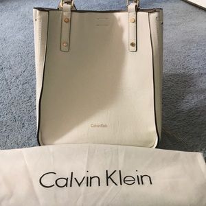 Calvin Klein White/Tan Reversible Side Zip Faux/Vegan Leather Tote